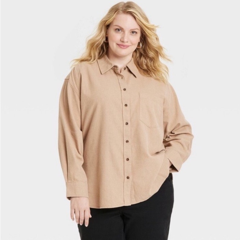 3X New Women Sleeve  Button-Down Shirt Top Universal Thread Plus Size Tan Khaki